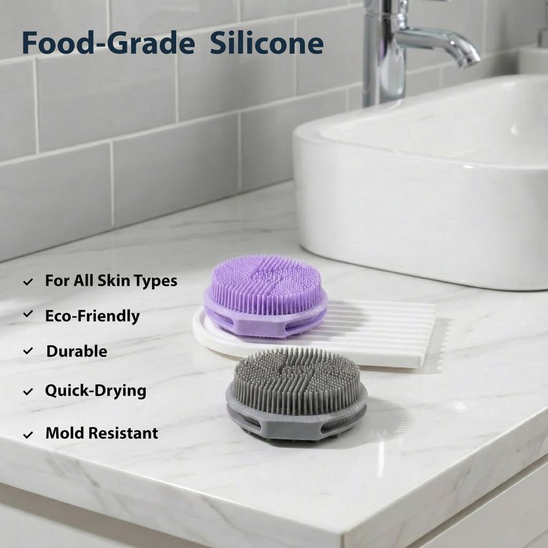 MtBoi 2 Pack Silicone Exfoliating Body Scrubber, Soft Silicone Loofah for Sensitive Skin, 2-in-1 Body Brush & Shower Head Massager, Easy to Clean, Rich Lather (Black&Purple)