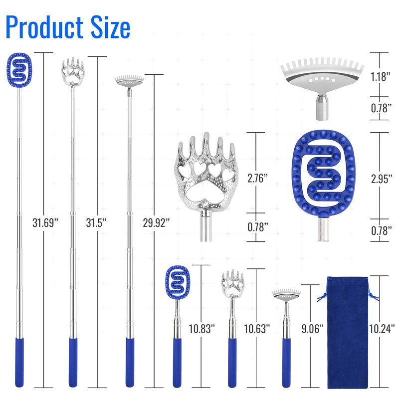 Plazuria Oversized Back Scratcher Massager with 3 Detachable Heads, Stocking Stuffers for Men & Women, Extendable 30" Handle with Spikes, Rake & Bear Claw Heads (Navy Blue)