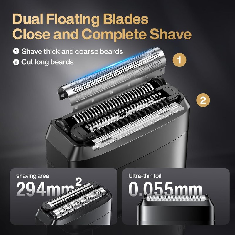 Skiennix Electric Foil Shaver - Waterproof Cordless Razor with LED Display | Dual Floating Heads, Perfect for Travel