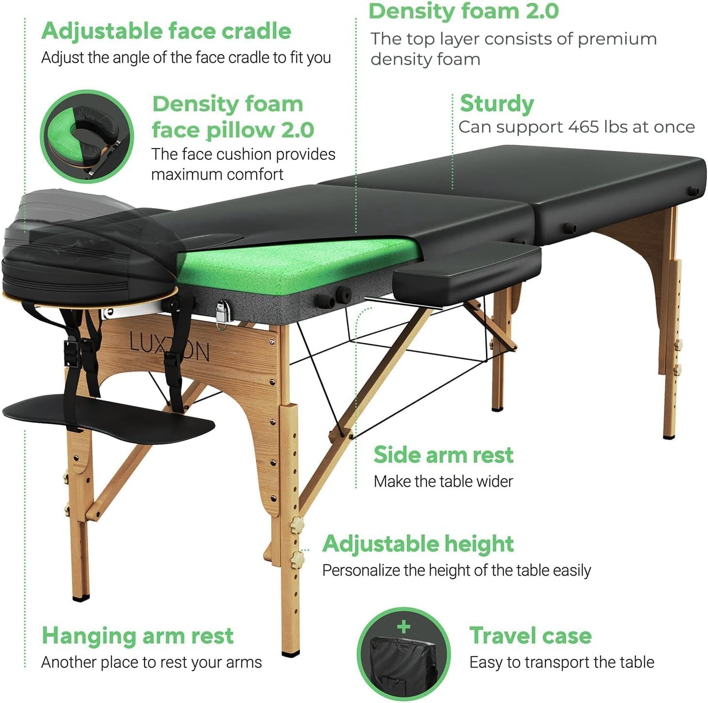 Skiennix Premium Foam Massage Table - Portable & Foldable, Height Adjustable, 72" Long, 27" Wide with Accessories & Carrying Case