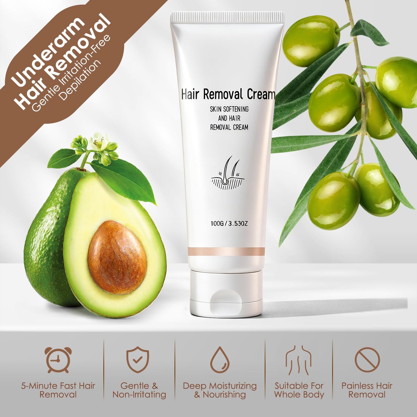 Body Hair Removal Cream for Women - Fast 5-10 Min Painless Depilatory Cream for Sensitive Skin, Moisturizing with Olive & Avocado Oil, Gentle for Underarm Leg Bikini Full Body Hair Removal 3.53oz.