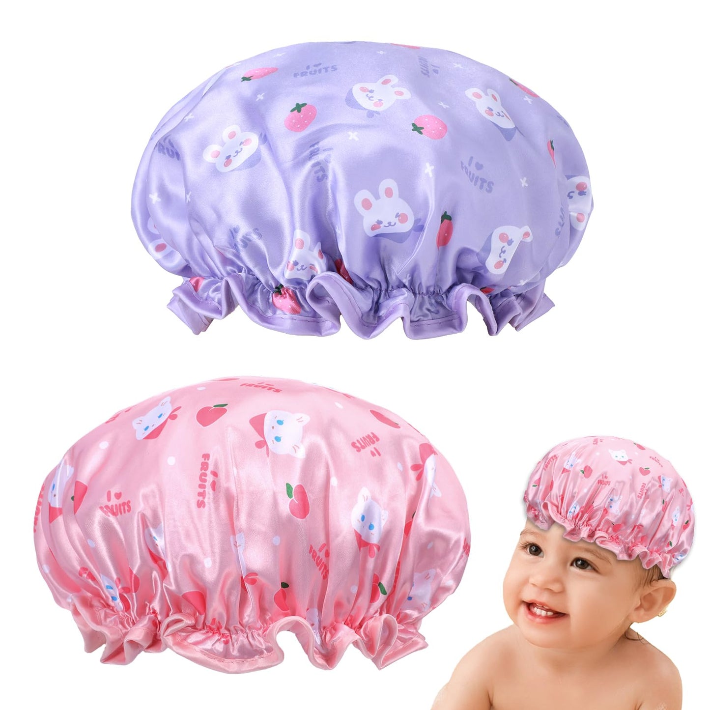 Jeffdad Kids Shower Caps, 2 PCS Pink & Purple Waterproof Double Layers Shower Caps Cute Bonnets Elastic Band Bonnet Satin and Eva Soft Kids Sleeping Cap Reusable Shower Cap