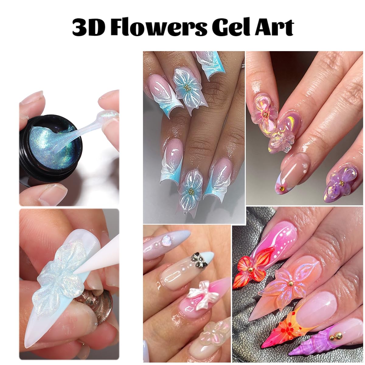Solid Builder Gel Kit - 6 Non-Sticky Colors for 3D Nail Art | Aurora Blue, Pink, Pearl, White