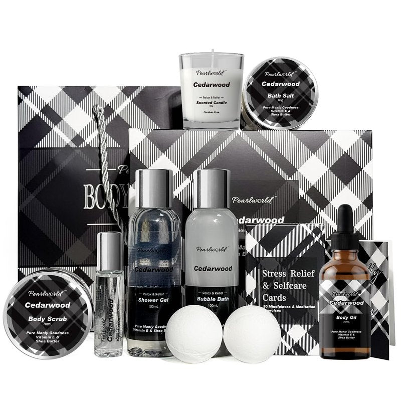 12Pcs Men's Spa Gift Set - Cedarwood Bath & Body Care Kit, Home Spa Set with Natural, Perfect Gifts for Men - Father's Day, Birthday, Valentine's & Christmas
