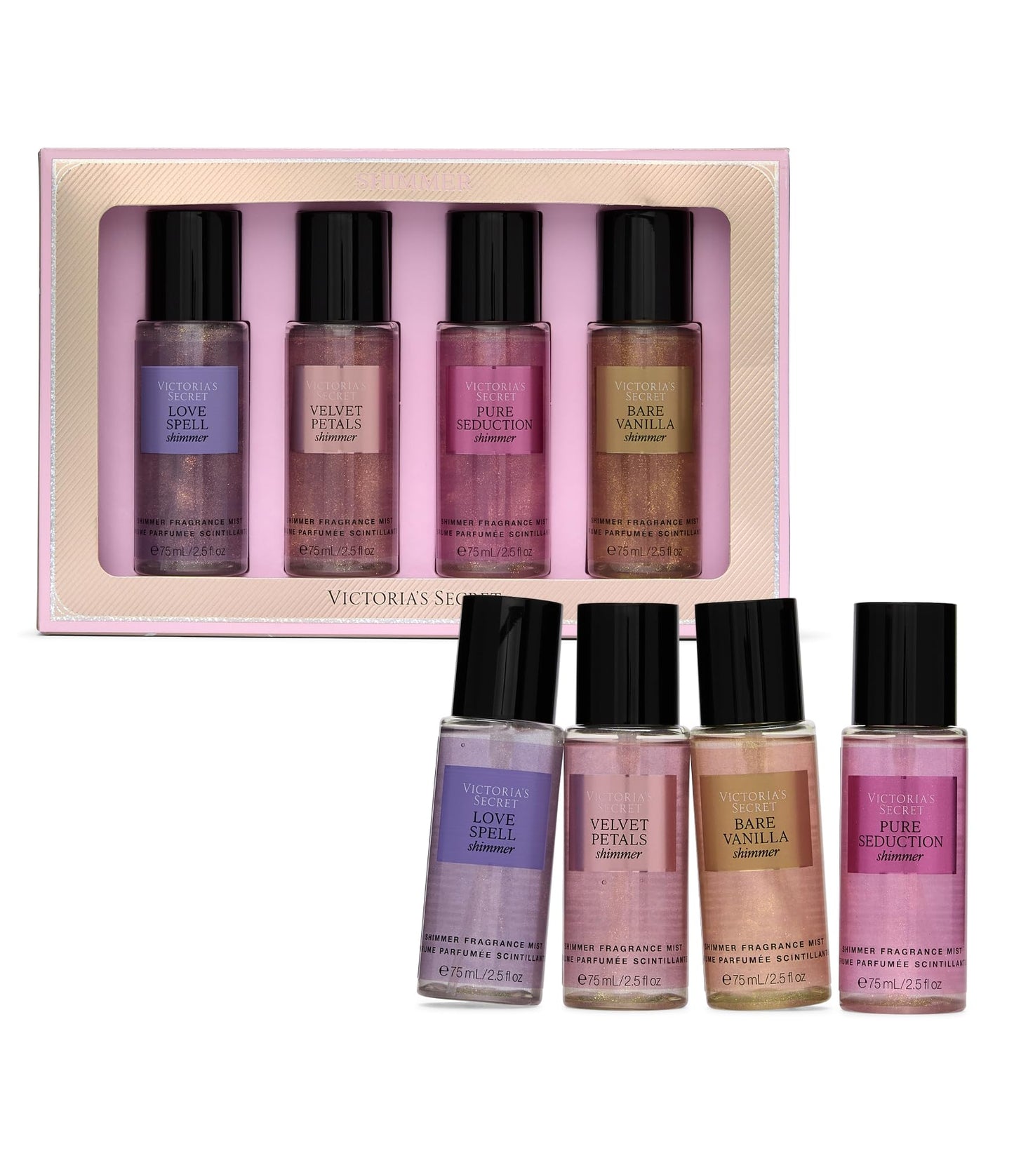 Victoria's Secret Fragrance Mist Collection 4 Piece Shimmer Mini Gift Set, Assorted Scents