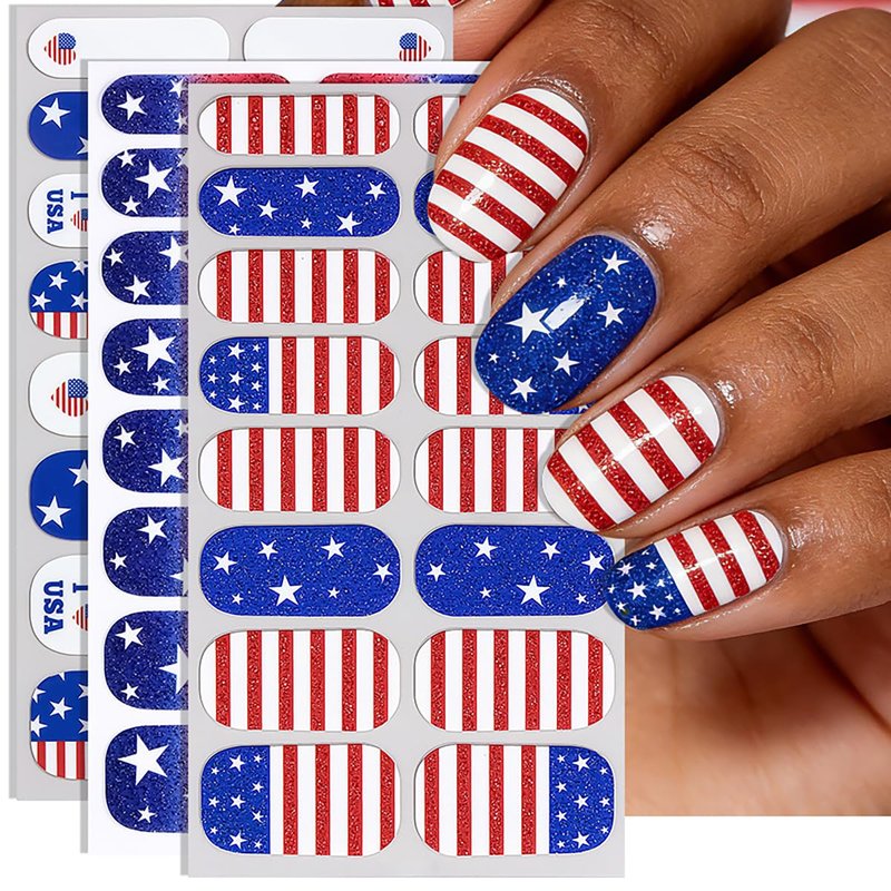 4 Sheets Independence Day Gel Nail Strips 4th of July Patriotic Full Wrap Nail Stickers Self-Adhesive American Flag Star Design Glitter Nail Polish Strips with File, Women DIY Holiday Manicure Decor