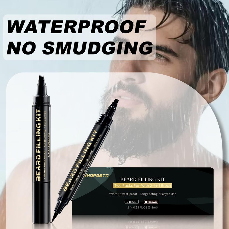 3 PCS Beard Pen Filler for Men - Black 4 Tip Pen for Natural Looking Appearance - 2 Fillers & 1 Double Head Brush - Waterproof Four Fork Eyebrow Pencil Eyeliner (Black)