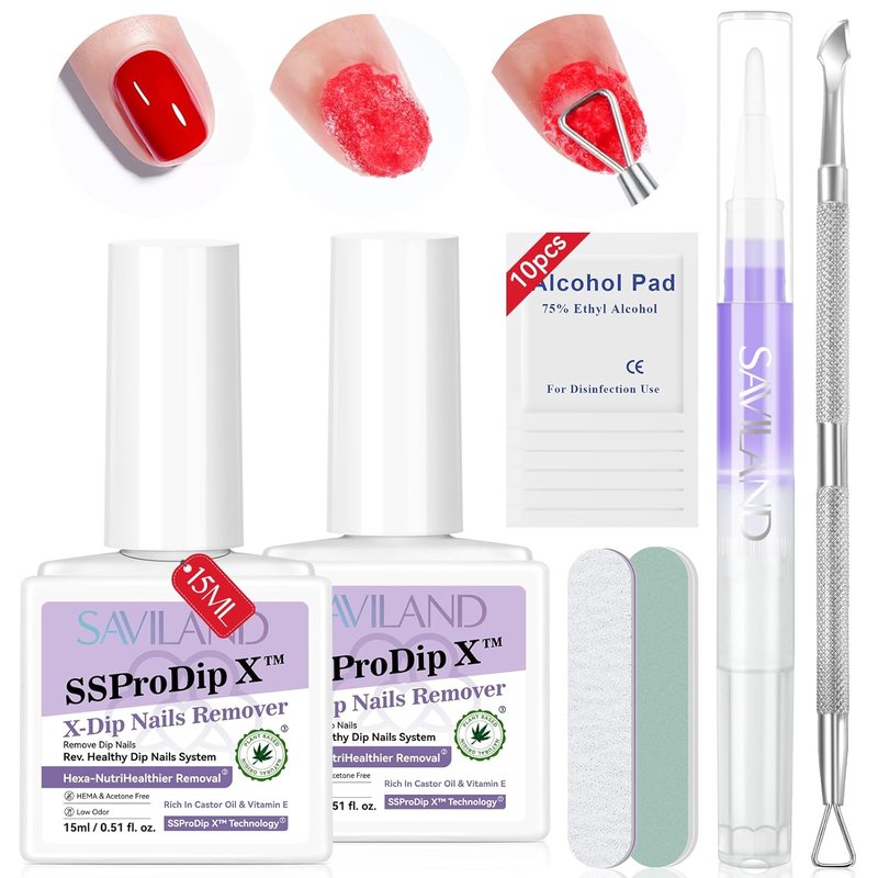 SAVILAND Dip Powder Remover Kit - Gentle & Safe Nail Removal | 2 Pcs with Cuticle Oil & Nail File, 0.5 Floz
