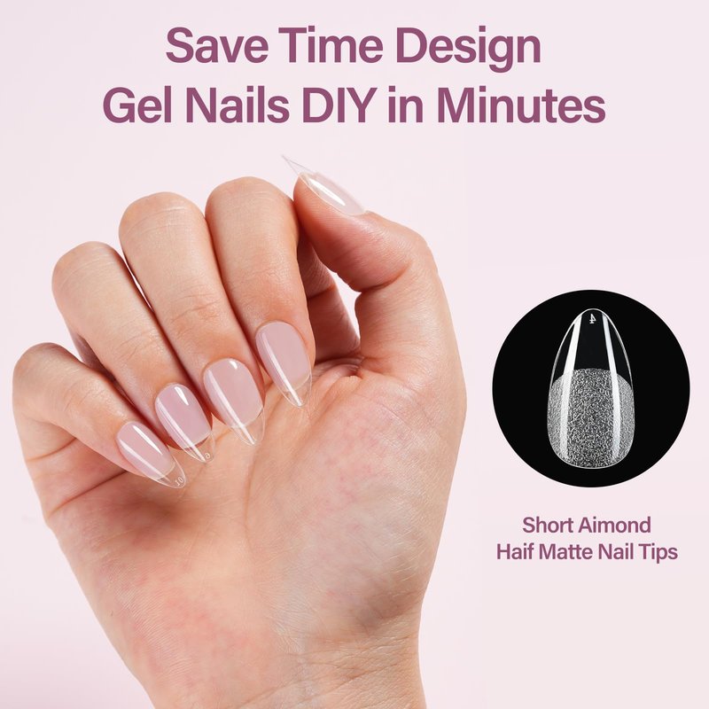 Misssix Short Almond Gel Nail Tips Kit, 216Pcs Pre Etched Clear Fake Nails, Full Cover False Nail 9-in-1 Gel Glue and Portable Mini U V Nail Lamp for Women 12 Sizes