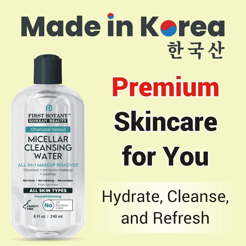 Skiennix Korean Micellar Water Makeup Remover - Charcoal Hydrating Toner & Cleanser for All Skin Types, 8 oz