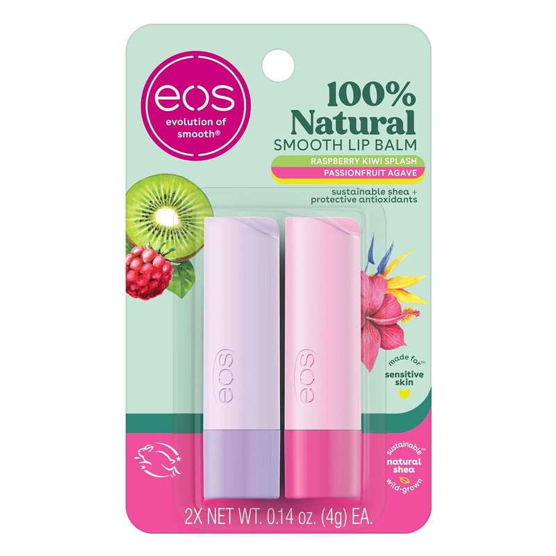 EOS Natural Lip Balm - Raspberry Kiwi Splash & Passionfruit Agave | All-Day Moisture, 0.14 oz, 2-Pack