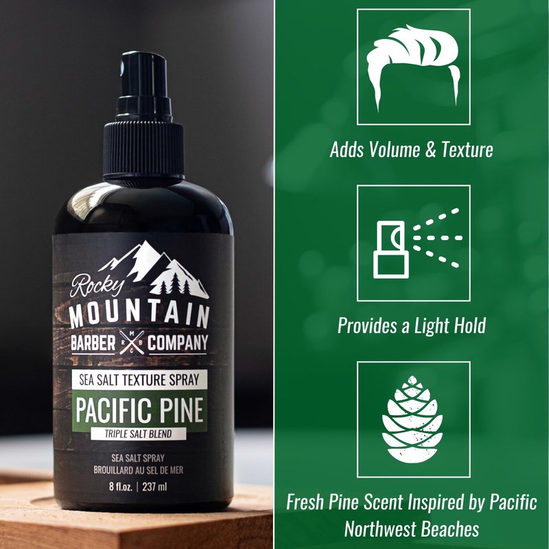 Rocky Mountain Barber Company Sea Salt Spray for Men - Adds Volume, Texture and Light Hold for All Hair Types - Triple Salt Blend - 8 oz