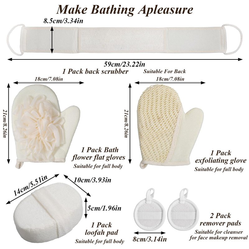 Afcabakila Natural Loofah Sponge Exfoliating Body Scrubber for Shower and Bath, Pack of 6 Pads & Glove, Natural Egyptian Luffa for Men and Women, Eco-Friendly Face and Body Clean