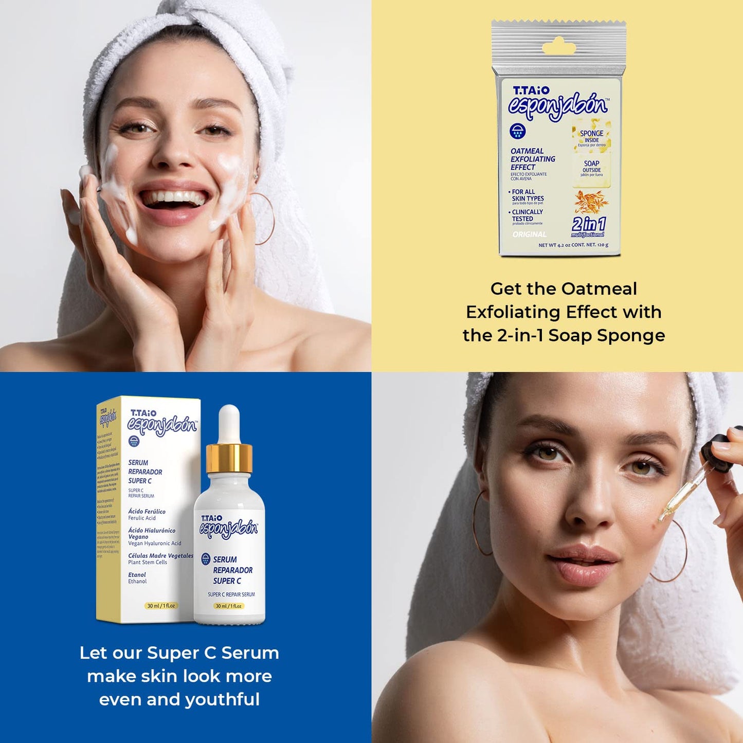T.Taio Esponjabon Oatmeal Soap Sponge with T.Taio Super C Repair Serum Bundle - Beauty & Personal Care Products - Face Exfoliator and Body Exfoliator - Natural Soap & Shower Sponge, Bath Sponge