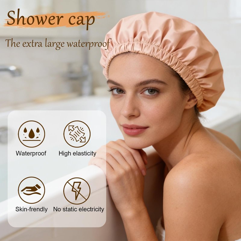 Doitory Shower Cap for Women, Reusable Waterproof Shower Cap Satin Lined with Soft Elastic Band, Large Washable Bath Caps