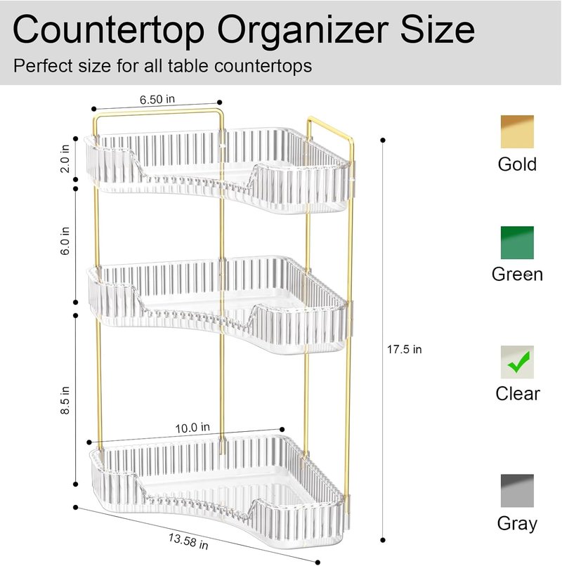 3-Tier Corner Bathroom Organizer - Large Capacity Makeup & Skincare Storage | Clear
