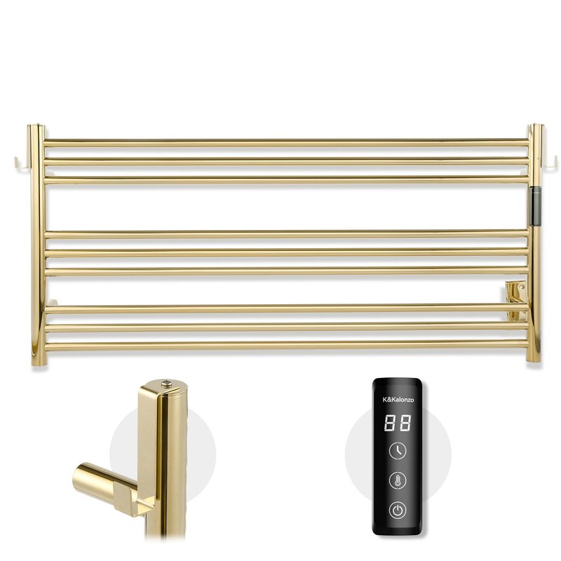 K&KALONZO Towel Warmer for Bathroom, Wall-Mounted 9-Bar Heated Towel Rack with Built-in Timer, Waterproof Electric Towel Heater, Support Plug-in and Hardwired, Polished Gold, EL13L