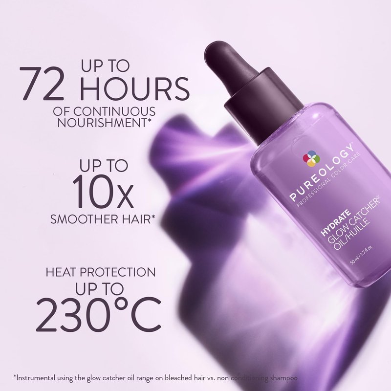Pureology Hydrate Glow Catcher Hair Oil - Up to 72 Hours of Hydration & Shine, All Day Frizz Control, For Dry Hair, Lightweight Heat Protectant, Color Safe