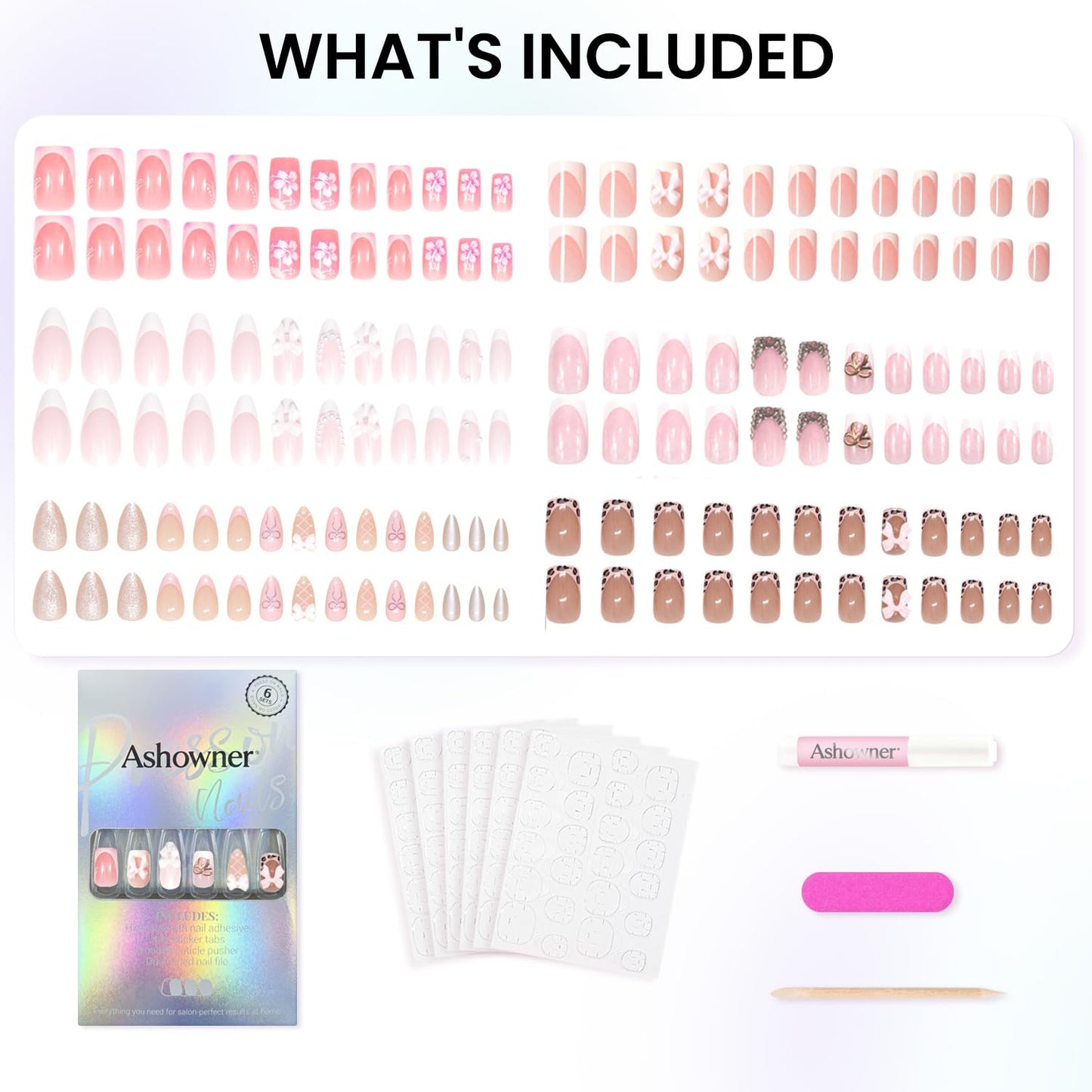 Skiennix Reusable Press-On Nails - 144 Pcs in 12 Sizes & 6 Styles | Cute Bow Design