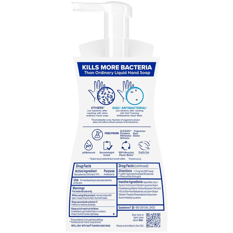 Dial Antibacterial Defense Foaming Hand Soap + Aloe, Fragrance Free, 7.5 Fl Oz (Pack of 6), Dermatologist-Tested Hand Wash, Gentle on Skin