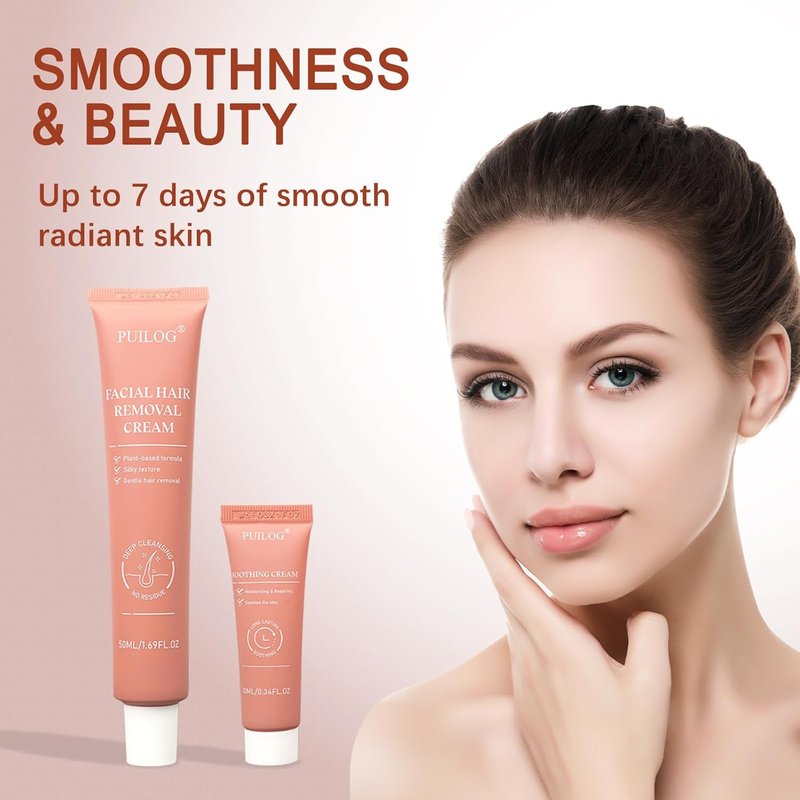 Facial Hair Removal Cream Kit for Women Face – Depilatory & Soothing Cream, 4 Min Painless & Flawless Lip Chin Hair Remover, Gentle for Sensitive Skin Hair Removal (1.69 + 0.34 FL Oz)