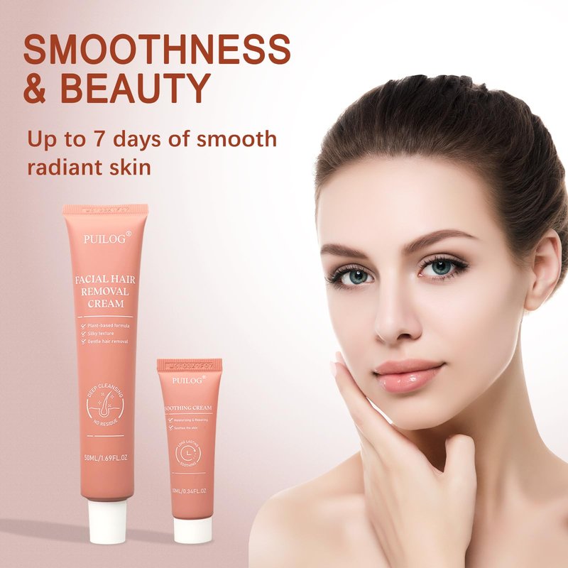 Facial Hair Removal Cream Kit for Women Face – Depilatory & Soothing Cream, 4 Min Painless & Flawless Lip Chin Hair Remover, Gentle for Sensitive Skin Hair Removal (1.69 + 0.34 FL Oz)