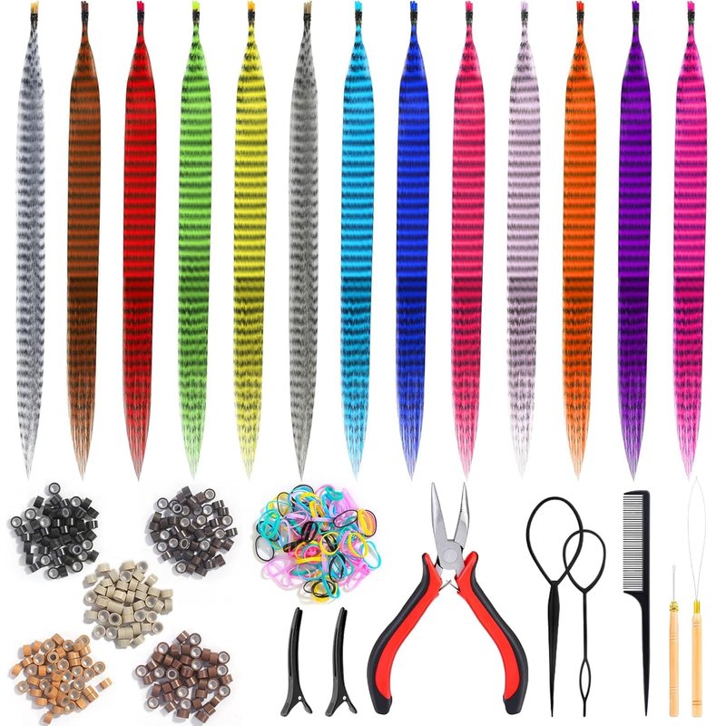 Skiennix 65 Pcs Hair Feather Extensions Kit - 13 Color Long Synthetic Feathers with Microlink Beads for Parties & Festivals