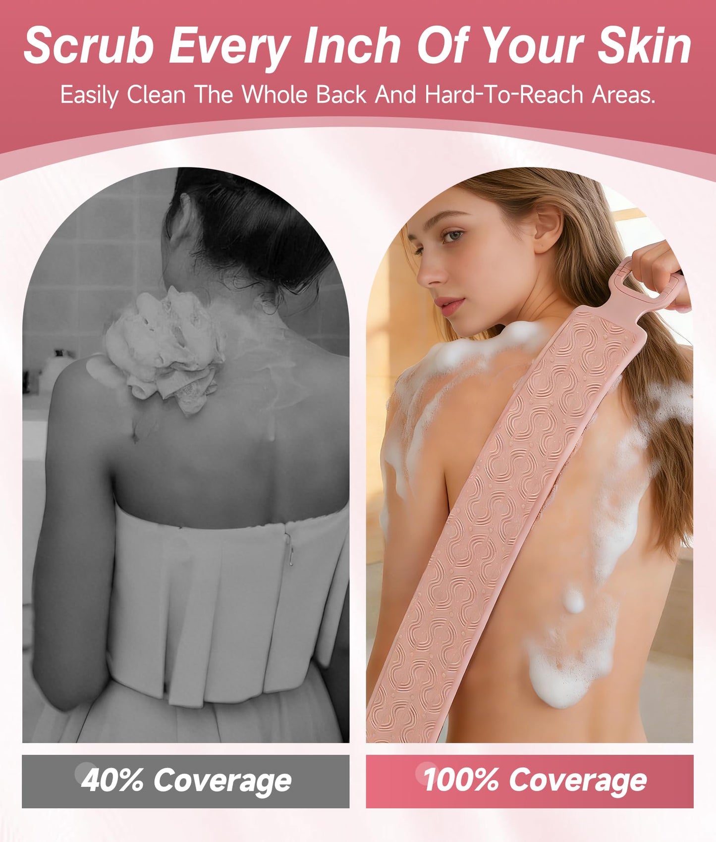 EaTubano Back Scrubber for Shower - Exfoliating Back Scrubber with Handles,Double-Sided Exfoliating Wash Bath Tool for Use in Shower, Back Washer to Deep Clean Your Skin for Men & Women (Pink)