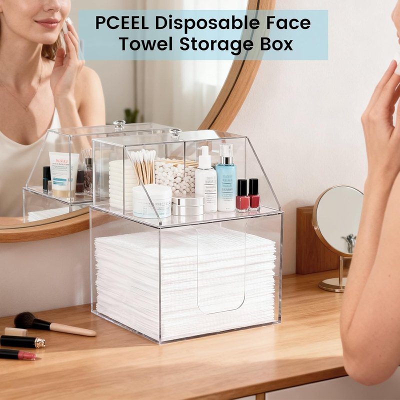 Face Towel Storage Box - 3-in-1 Detachable Acrylic Holder for Bathroom & Vanity | Fits 50 Towels, Clear