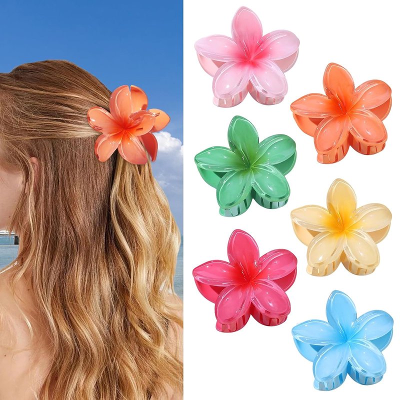 CHANDAT Flower Hair Clips 6 PCS Hawaiian Claw Clips for Vacation Hibiscus Hair Claw Clips Cute Large Hair Clips for Thick and Thin Hair Plumeria Hair Accessories for Women Girls - Blossom