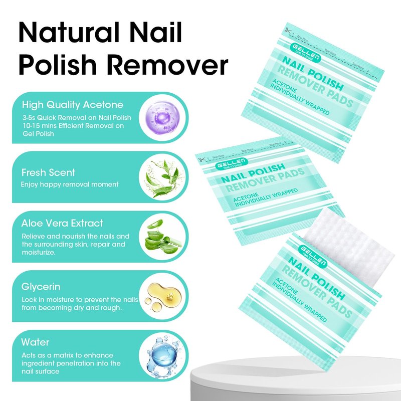 Gellen Nail Polish Remover Pads, 50 Pack Bulk Set Large Acetone Gel Nail Polish Remover, Quick & Effective Gel & Fingernail Polish Removal, Travel Size Individually Wrapped Wet Wipes for Home & Salon