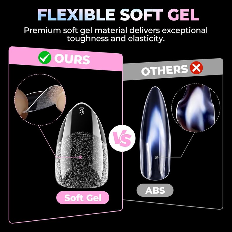Short Almond Gel Nail Tips - 300PCS Pre-Etched Soft Gel | Easy DIY Press-On Nails for Salon Quality Finish