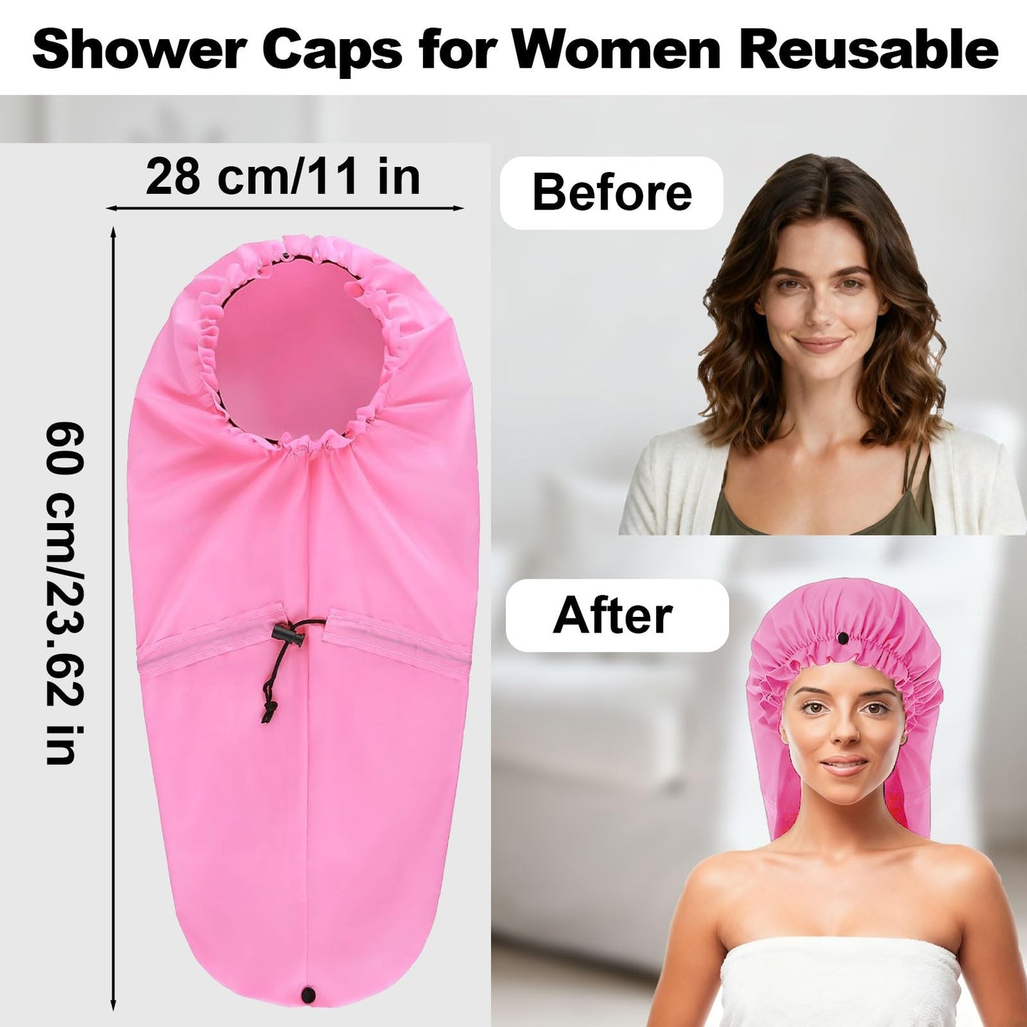 ELEBOX Extra Large Shower Cap for Braids/Curly Hair/Dreadlock | Reusable Waterproof Long Bonnets for Women Bath/Swim/Cooking/Cleaning/Spa | XL Bathing Cap with Adjustable Drawstring & Button, Pink
