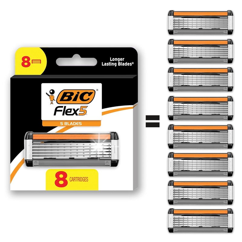 BIC Flex 5 Razors - Long-Lasting 5 Blade Refill Cartridges for Men | 8 Count