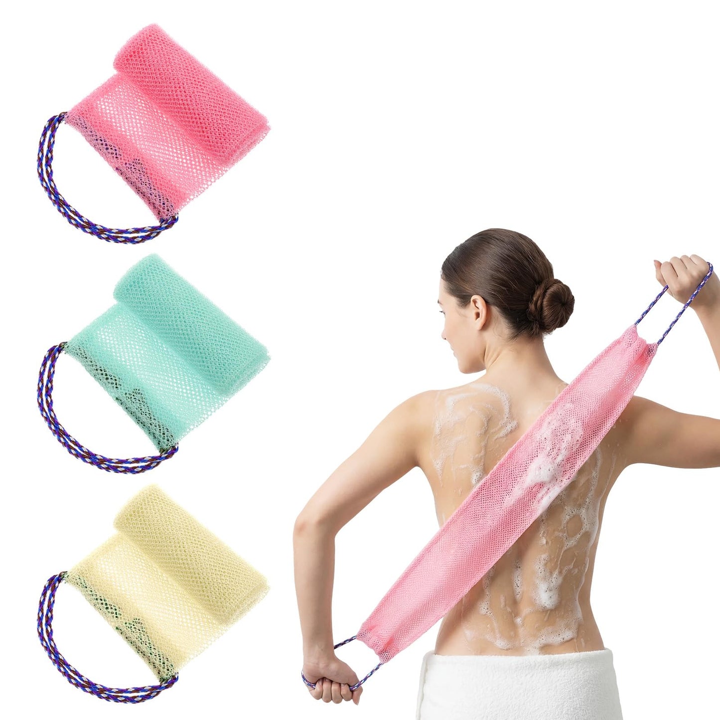 WJIAAA 3 Pieces African Net Sponge with Handles, Back Scrubber for Shower Exfoliating, Stretchable Authentic African Exfoliating Net Sponge Back Scrubber, Body Wash Nets Sponges for Bath