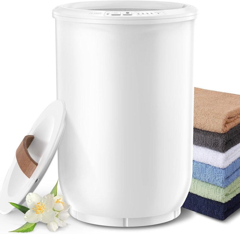FLYHIT Large Towel Warmer - Heated Bucket with Wood Handle, Auto Shut Off | Fits Two 40"x70" Towels, White
