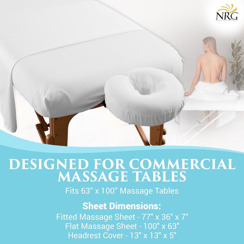 Cotton Poly Massage Table Sheet Set by NRG - 3 Piece Set - Face Cradle Cover, Flat Sheet and Fitted Sheet - 175 Thread Count - Soft, Durable 50/50 Cotton Poly Blend - Color: White