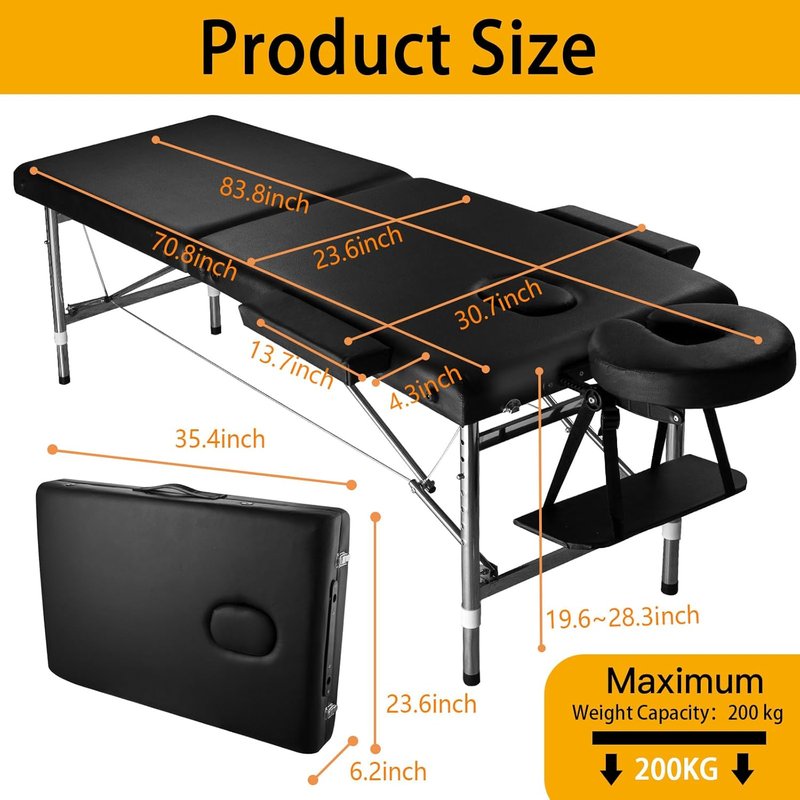 Portable Height Adjustable Massage Table - Foldable Spa Bed | 24" Wide Aluminum with Carrying Bag - Black