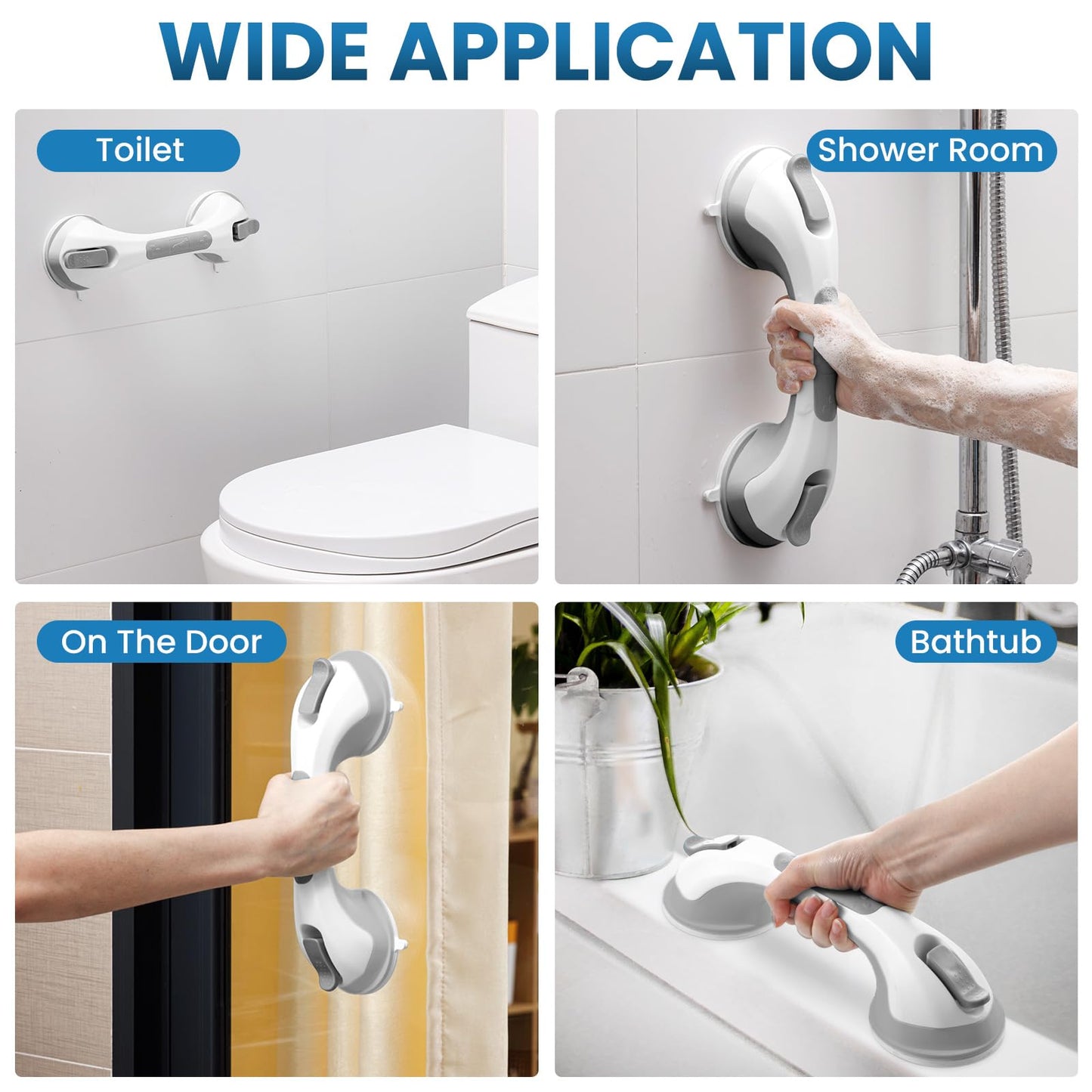 LEVERLOC Grab Bars for Bathtubs and Showers 2 Pack Suction Grab Bar, Heavy Duty 12 Inch Shower Handle Removable Bath Handrails for Seniors and Elderly, Bathroom Safety Grip No Drilling Waterproof Grey
