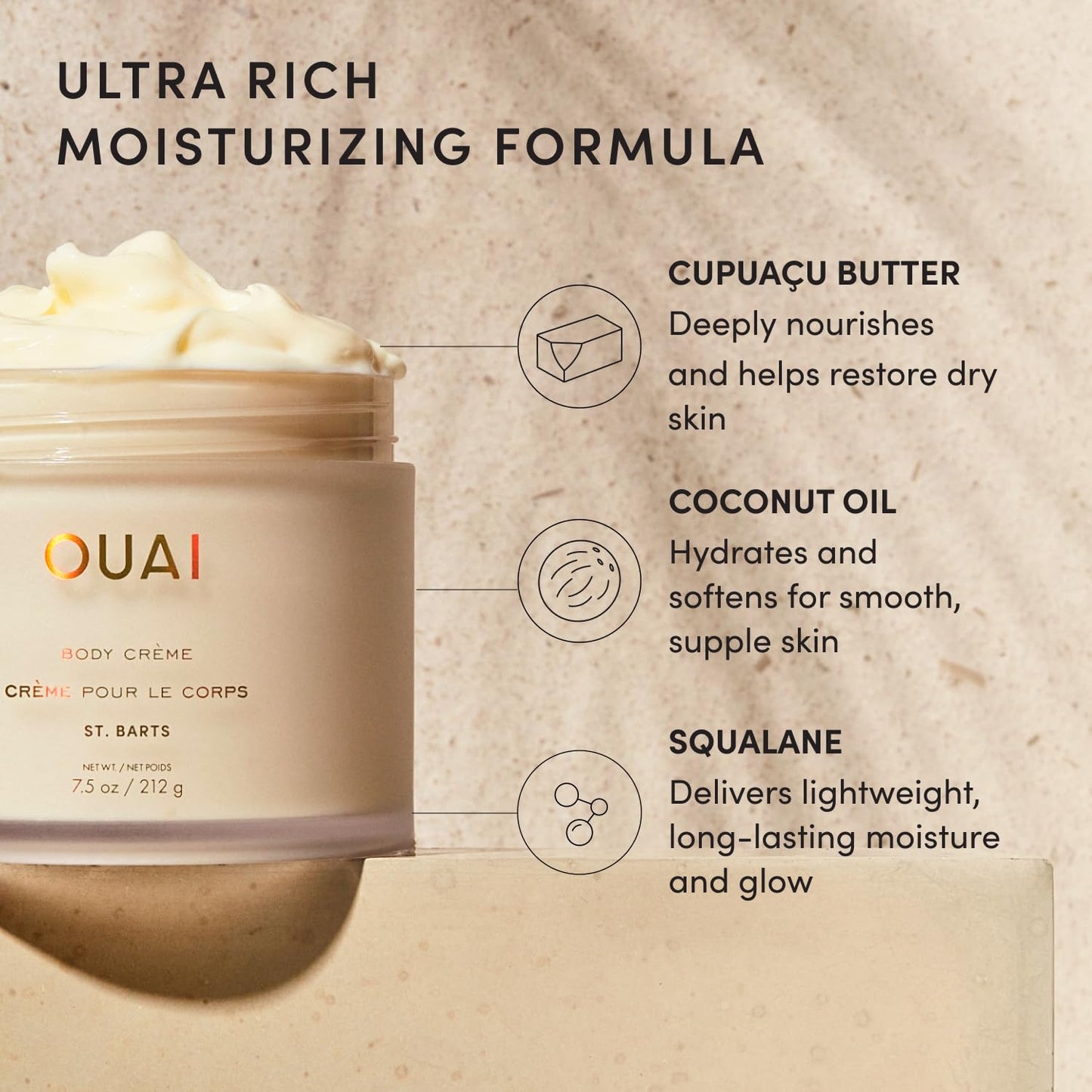 OUAI Body Cream, St. Barts - Hydrating Whipped Body Cream with Cupuaçu Butter, Coconut Oil and Squalane - Softens Skin and Delivers Healthy-Looking Glow - Sulfate-Free Skin Care (7.5 Oz)