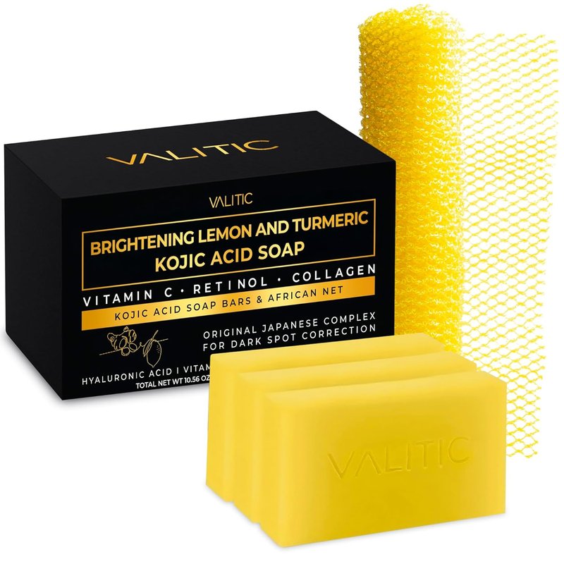 Brightening Lemon & Turmeric Kojic Acid Soap - Vitamin C, Retinol & Collagen | Dark Spot Corrector - 3 Pack with African Net