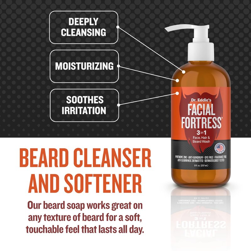 Facial Fortress Dr. Eddie's 3 In 1 Face, Hair, & Beard Wash - Beard Dandruff Shampoo For Men, Beard Cleanser, Face Wash, Beard Care, Face Soap With Pyrithione Zinc - 8 Fl Oz (Pack Of 1)