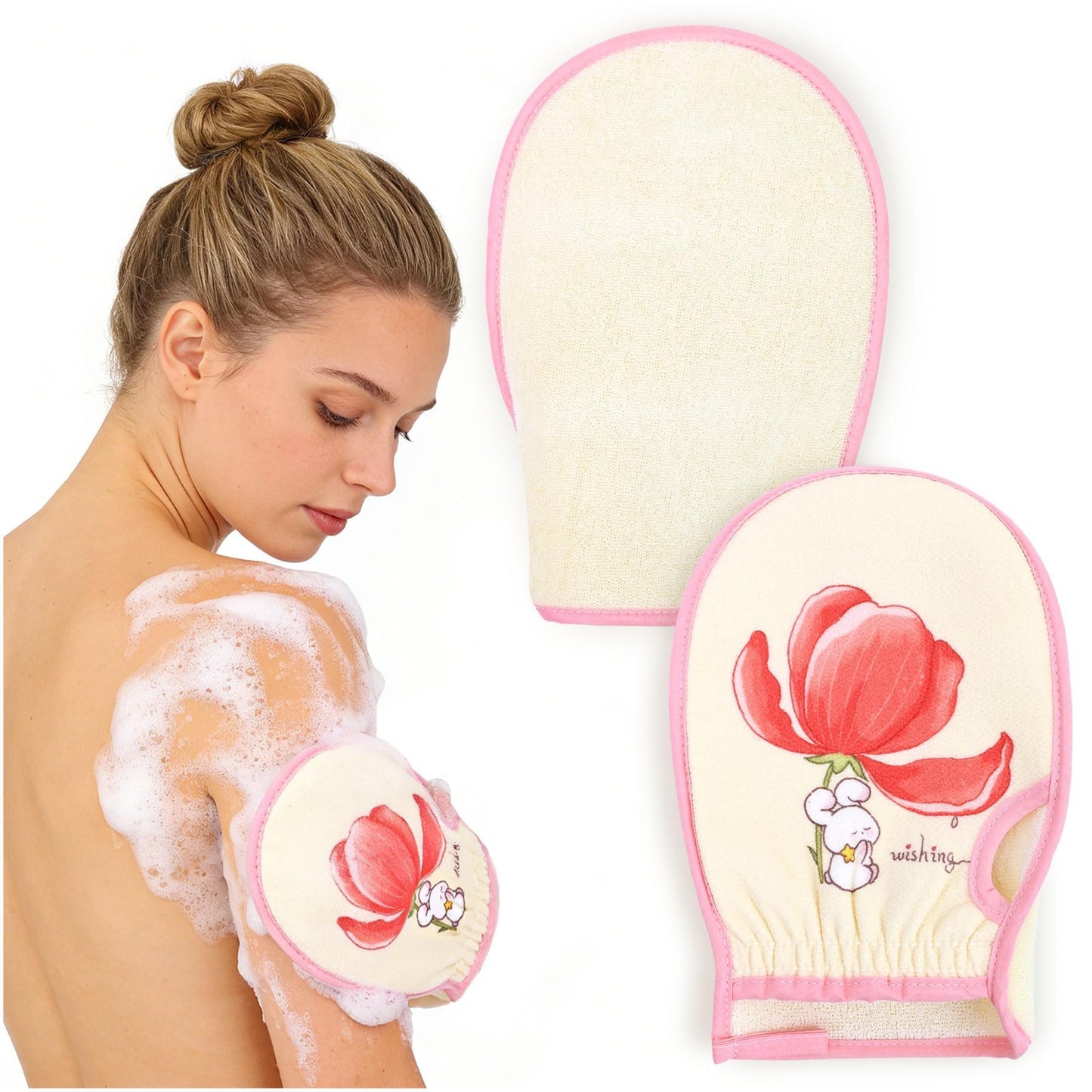 Cleanbear Exfoliating Washcloth Mitt 2 Pack – Dual Texture Bath Mitt for Shower, Fits on Hand Like a Glove, Soft Terry & Gentle Exfoliating Face and Body Scrubber, Pink