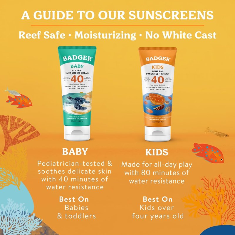 Badger Kids Mineral Sunscreen Cream - SPF 40, 98% Organic, Water Resistant & Reef Friendly | 2.9 fl oz
