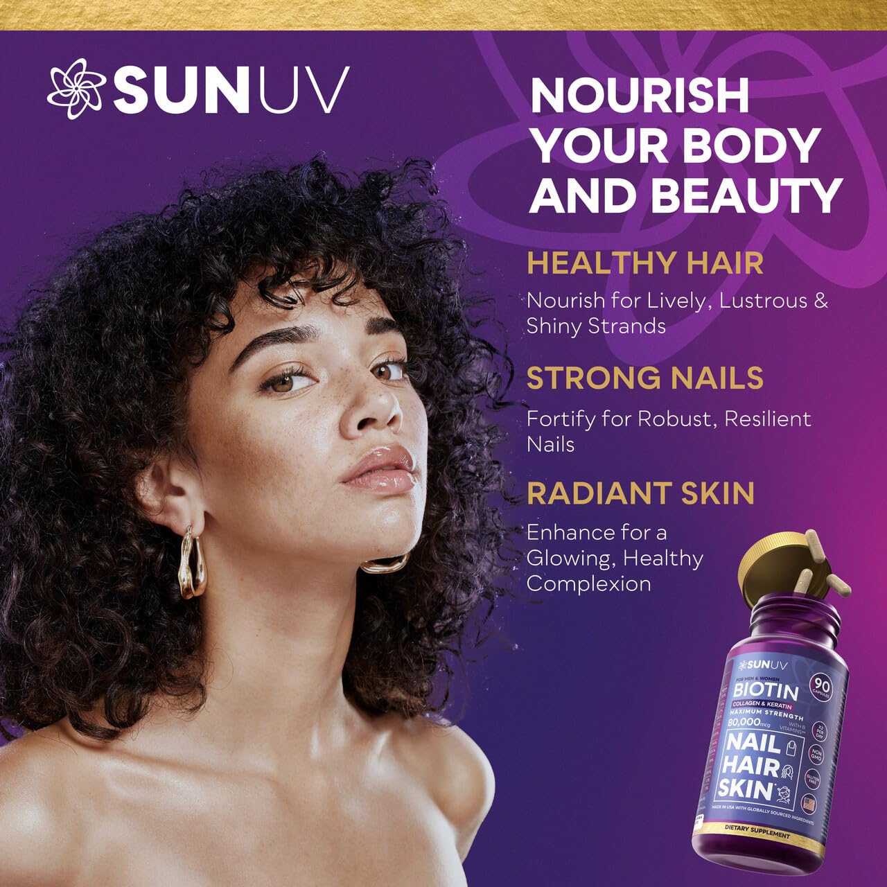 SUNUV Biotin 10,000mcg | Collagen | Keratin | Hyaluronic Acid - 80,000mcg Hair Growth Vitamins for Hair Skin & Nails Support - Women & Men - Vitamins B1,B2,B3,B5,B6,B9,B12 -Made in USA-90 Capsules