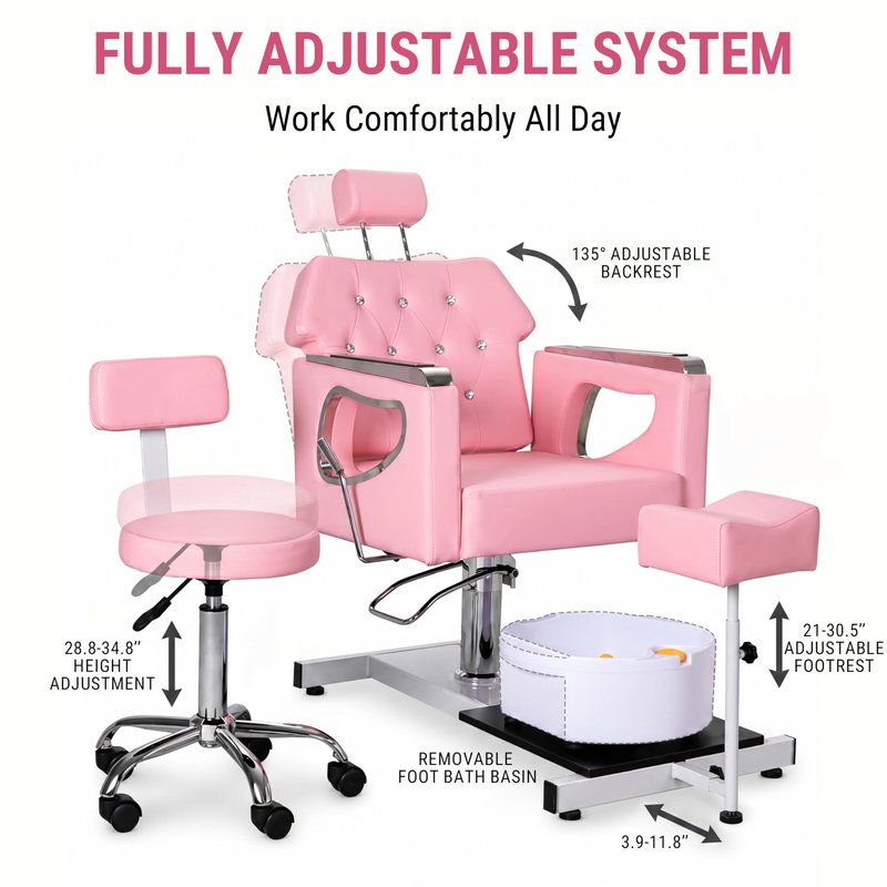 IJIALIFE Pedicure Chair w/Foot Spa Basin, Adjustable Salon Chair w/ 360° Swivel & Reclining Backrest, Nail Tech Station with Stool & Footrest, Heavy Duty Spa Chair for Home Salon (Pink)