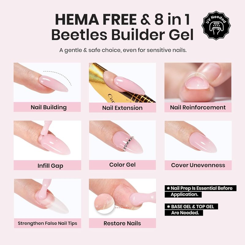 Beetles Builder Gel Set with Base Top Coat HEMA Free-Blush Whisper 4 Color Nude Builder Nail Gel,8 in 1 Thickening Strengthening Building Apex for Beginner DIY Salon at Home Gifts,UV & LED Lamp Cured
