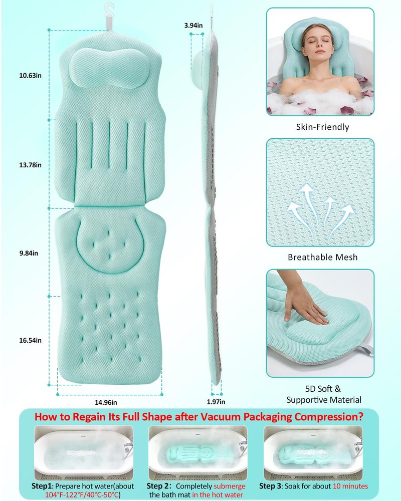 Full Body Bath Pillow for Bathtub, 5D Thick Tub Pillow for Bathtub with 192 Non-Slip Suction Cups, Laundry Bag & Hook, Bathtub Pillow for Head, Neck & Back Support (Green, 51"*15")