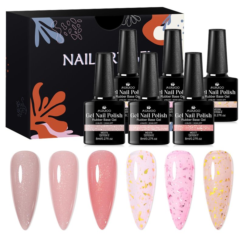 MSRUIOO 6Pcs Rubber Base Gel Nail Polish Set Pink Gold Foil Builder Base Gel Nude Brown Extension Gel for Nails at Home Salon DIY Beginner
