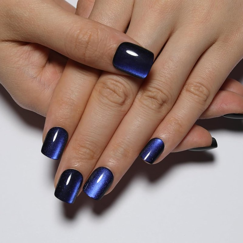 Dark Blue Press On Nails - Short Cat Eye Fake Nails with Color-Shifting Glow | 30 Nail Kit, Reusable, 15 Sizes, Thick Glue